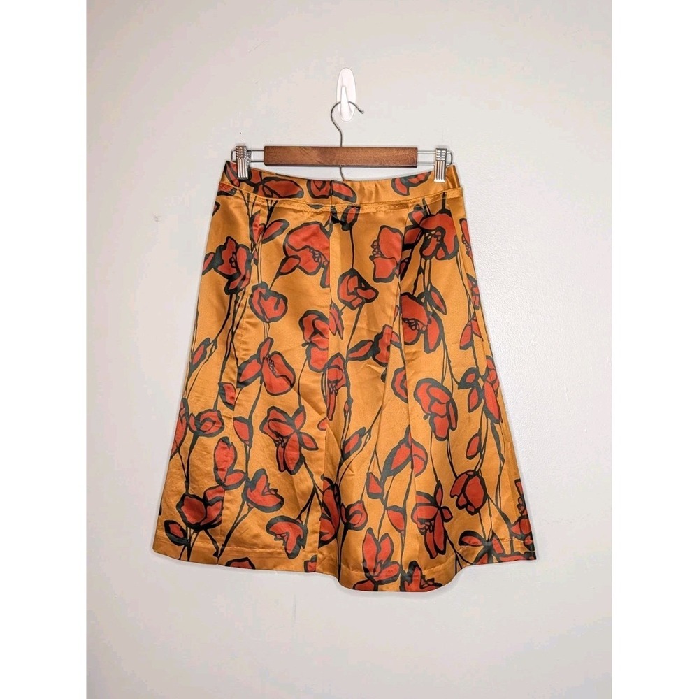 Pleated Floral Midi Skirt Size 2 Burnt Orange Copper Red Flower Print Satin Feel